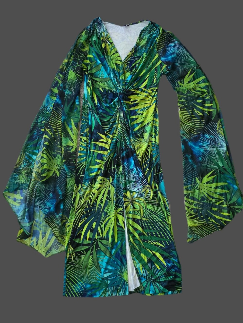 VENUS Tropical Leaf Print Bell Sleeve Twist Front Maxi Dress Women's Size XL
